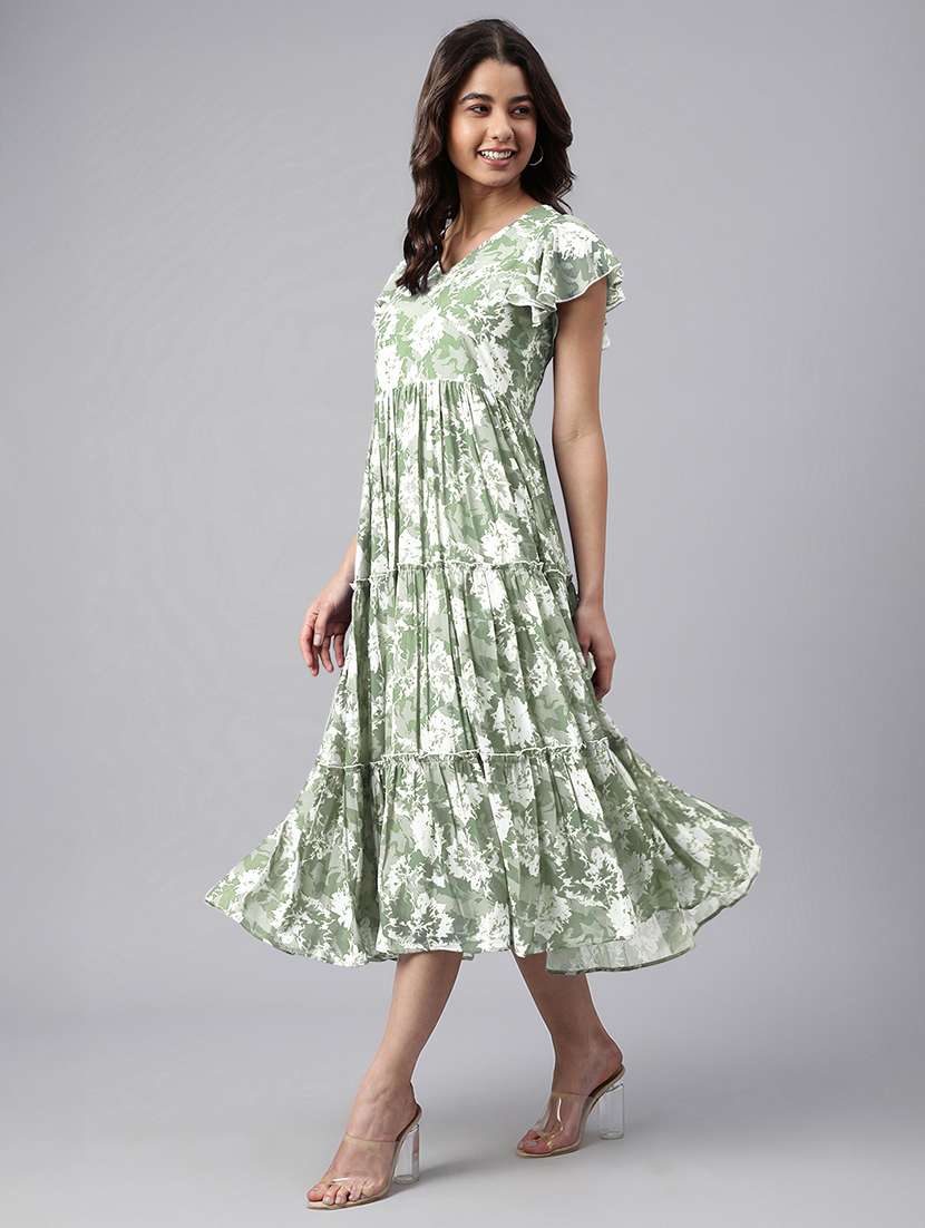 women green printed v neck tiered dress - 21906114 -  Standard Image - 1
