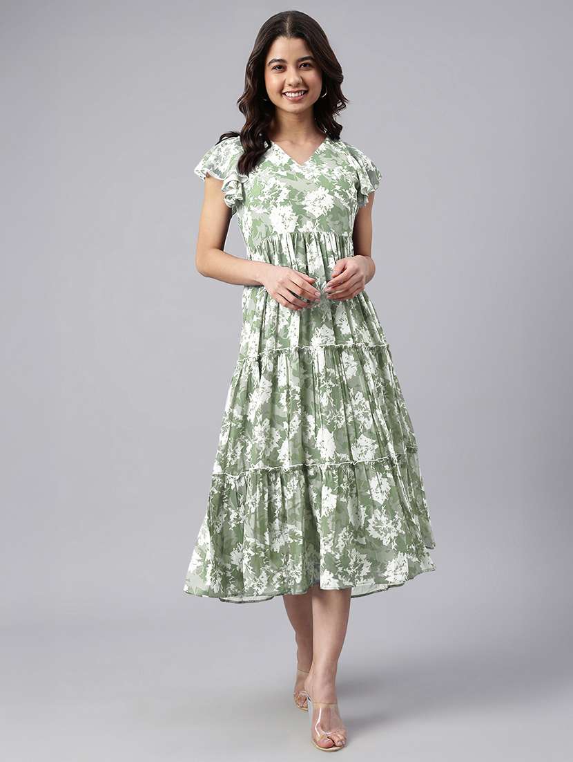women green printed v neck tiered dress - 21906114 -  Standard Image - 4
