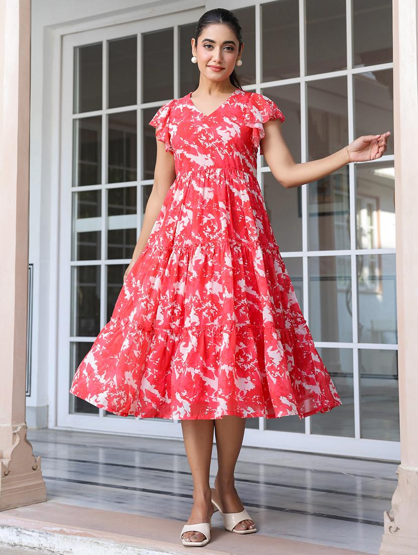 women red printed v neck tiered dress - 21906115 -  Zoom Image - 0