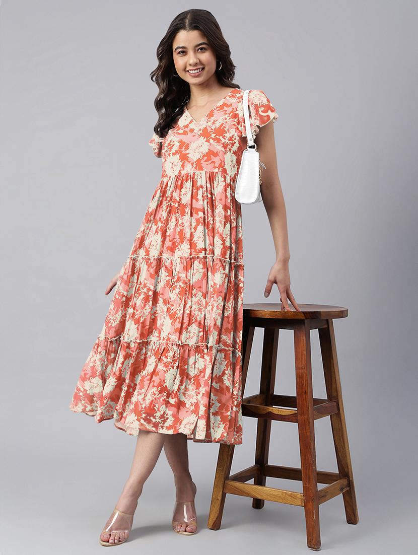 women orange printed v neck tiered dress - 21906116 -  Zoom Image - 0