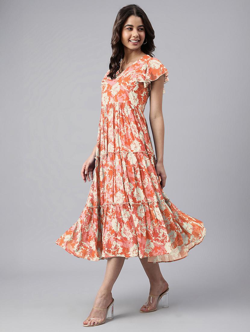 women orange printed v neck tiered dress - 21906116 - Standard Image - 1