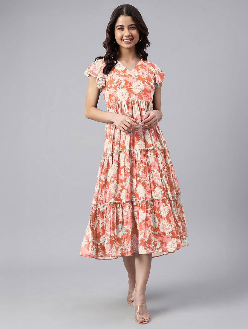 women orange printed v neck tiered dress - 21906116 - Standard Image - 4