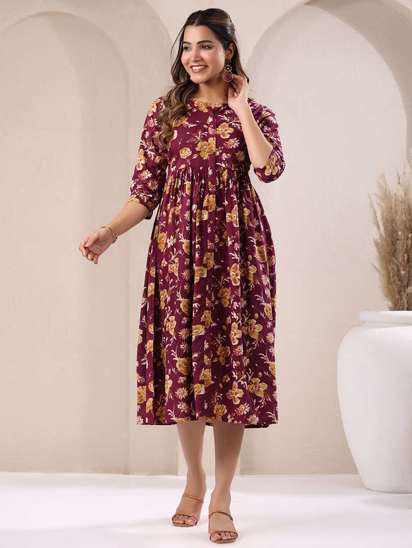 women maroon floral printed fit & flare dress - 21906119 -  Standard Image - 1