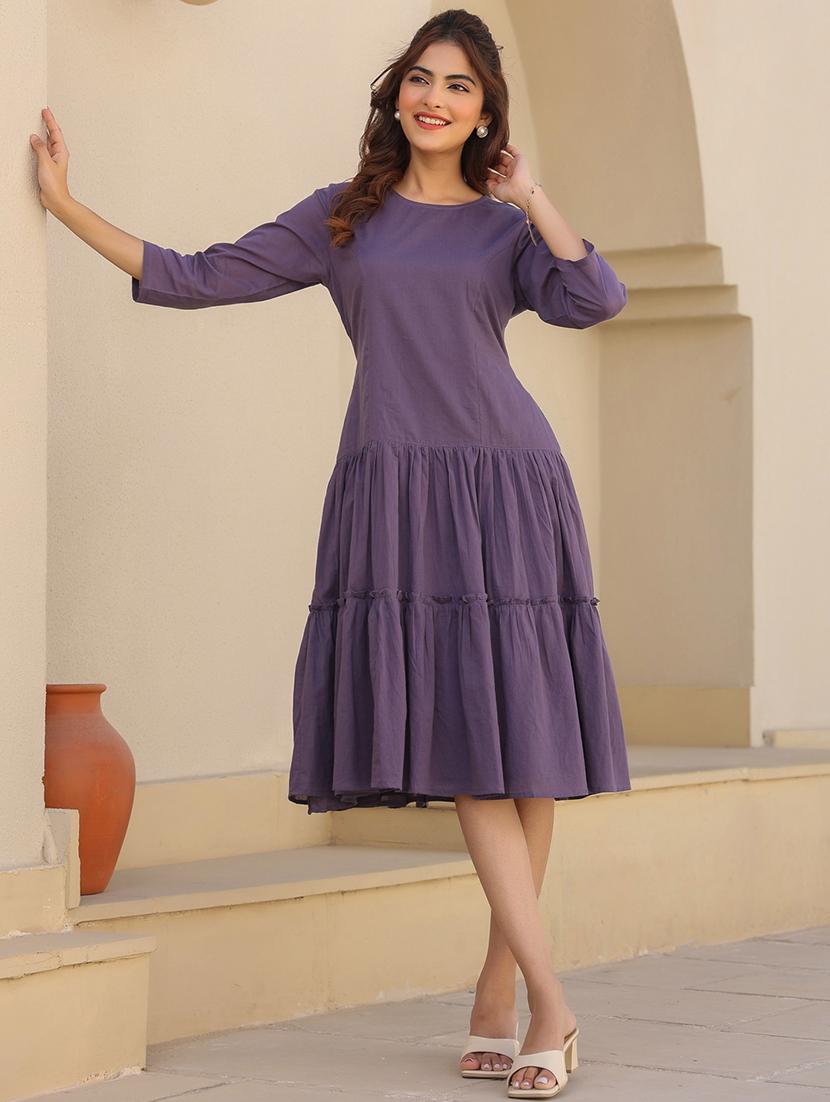 women purple solid round neck tiered dress - 21906120 - Zoom Image - 0