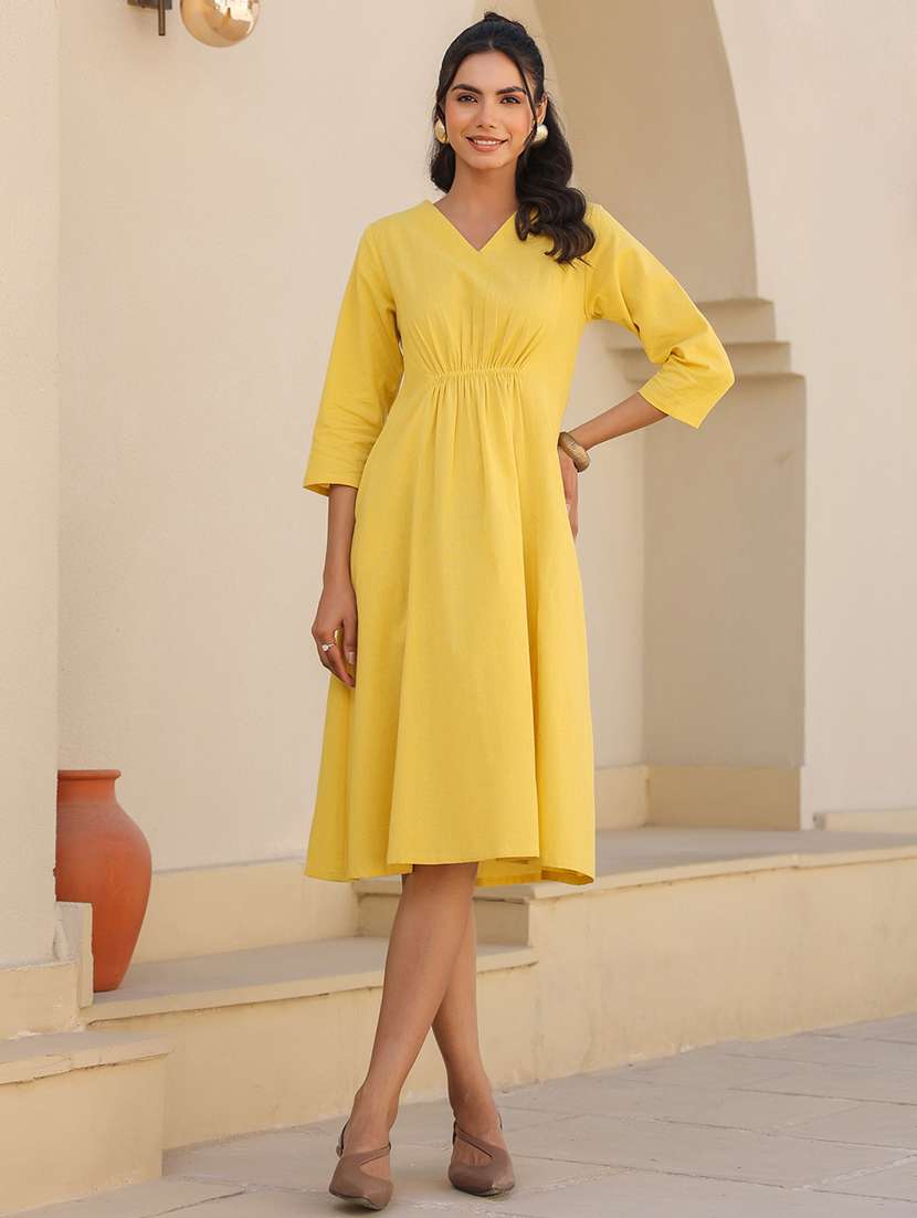 women yellow solid v neck a-line dress - 21906121 -  Zoom Image - 0