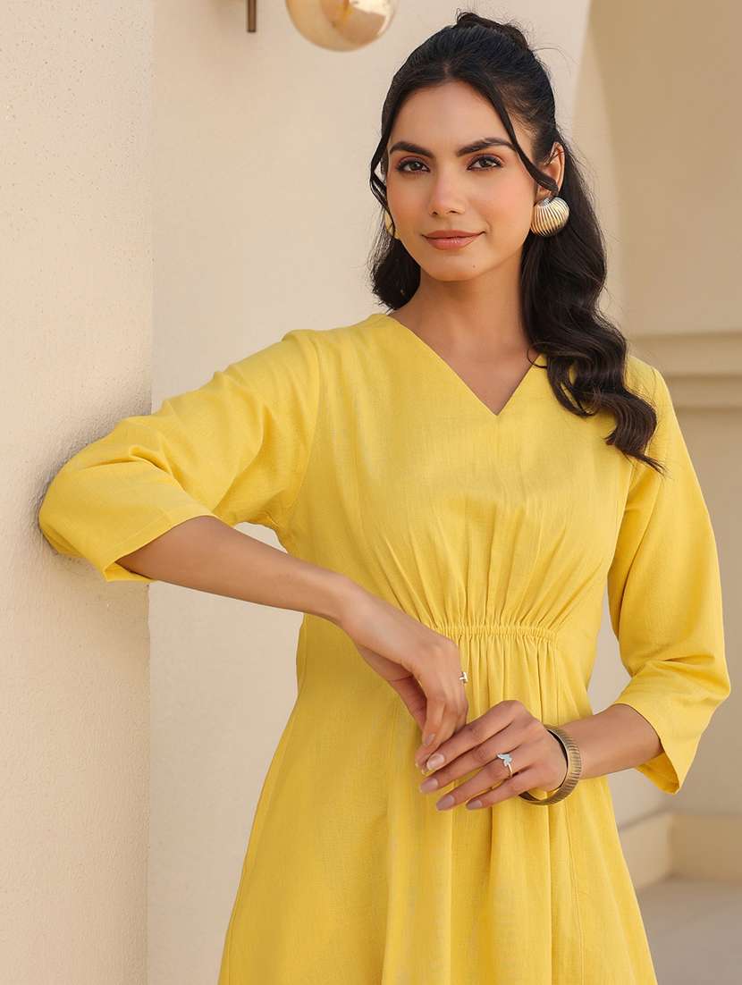 women yellow solid v neck a-line dress - 21906121 -  Standard Image - 4
