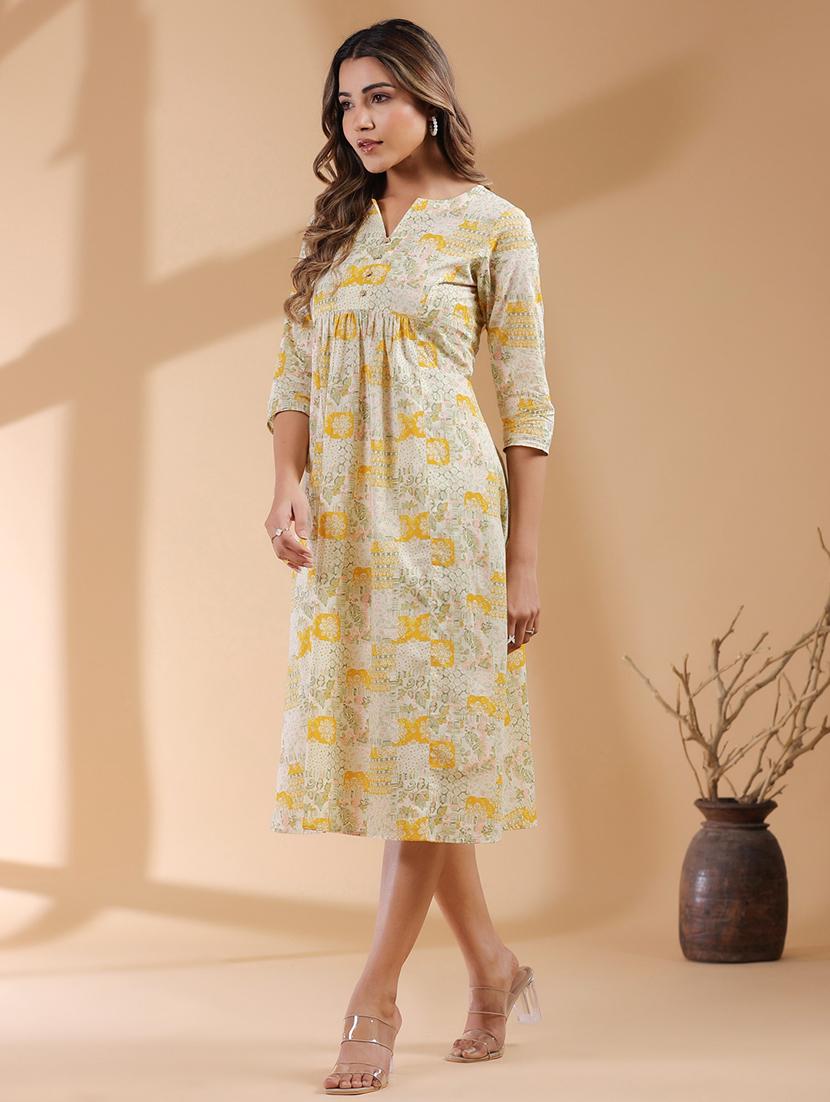 women mustard printed a-line ethnic dress - 21906123 -  Standard Image - 1
