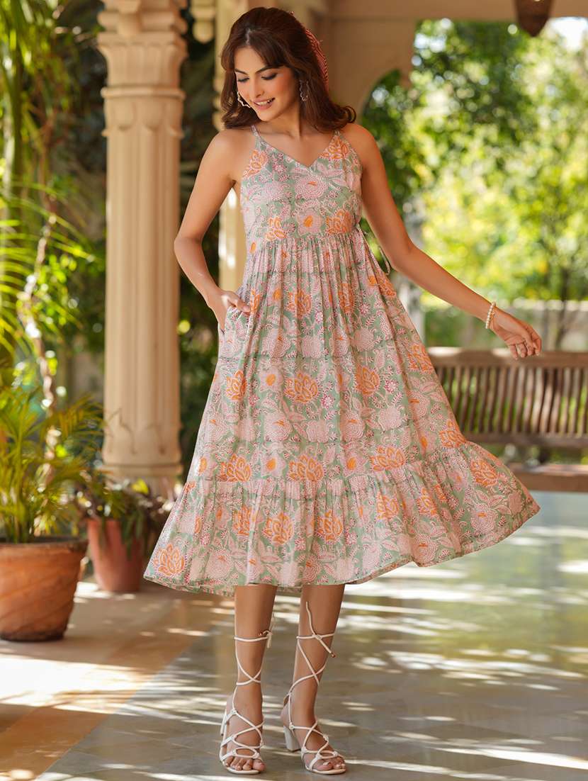 women light green floral printed tiered dress - 21906124 -  Standard Image - 1