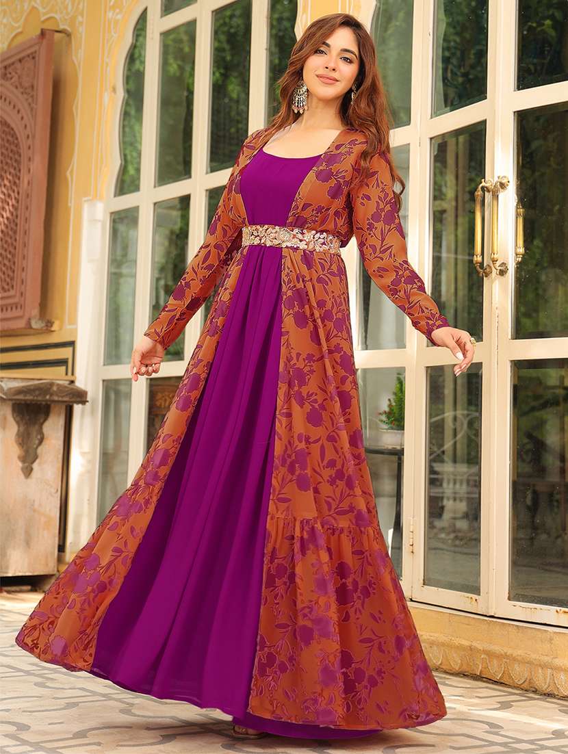 women purple printed long sleeve tiered dress - 21906125 -  Standard Image - 1