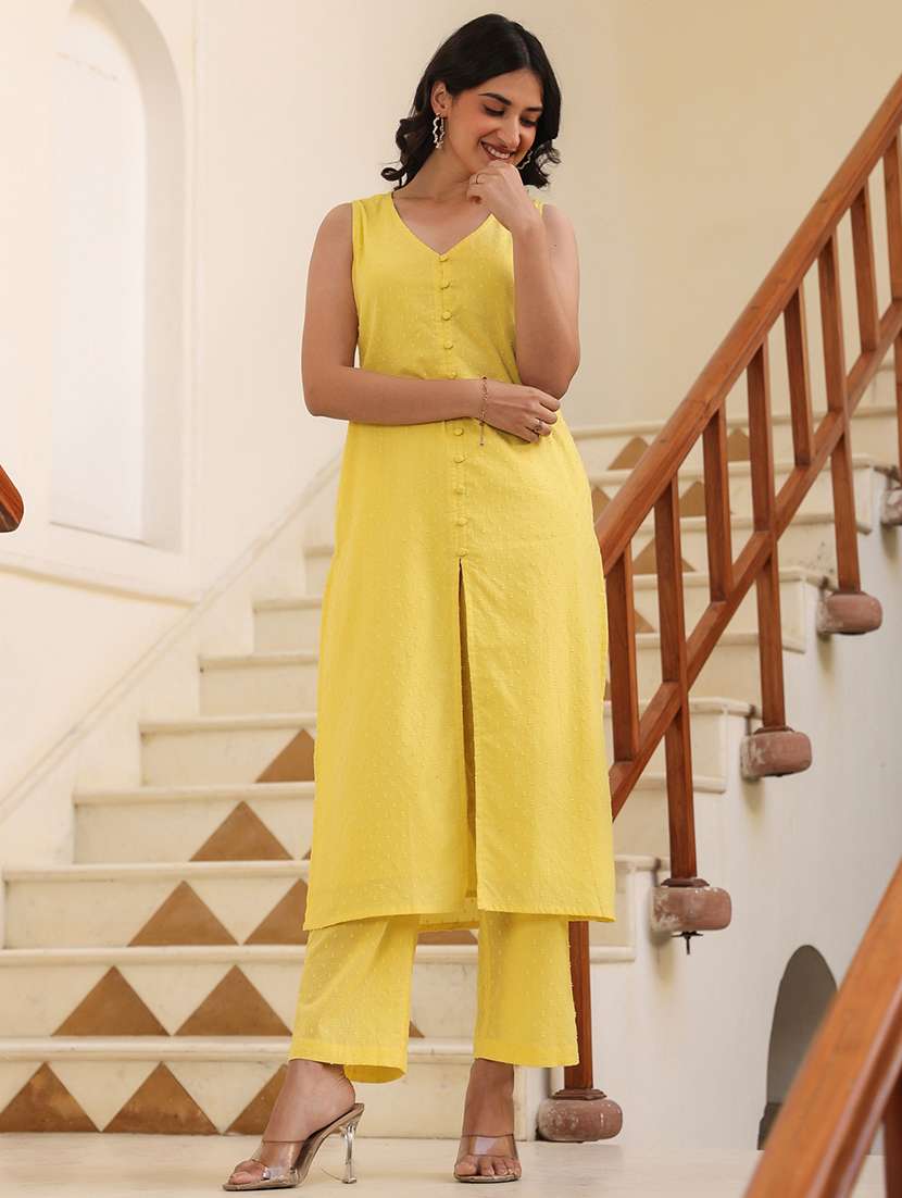 women yellow self design kurta pant set - 21906155 -  Standard Image - 1