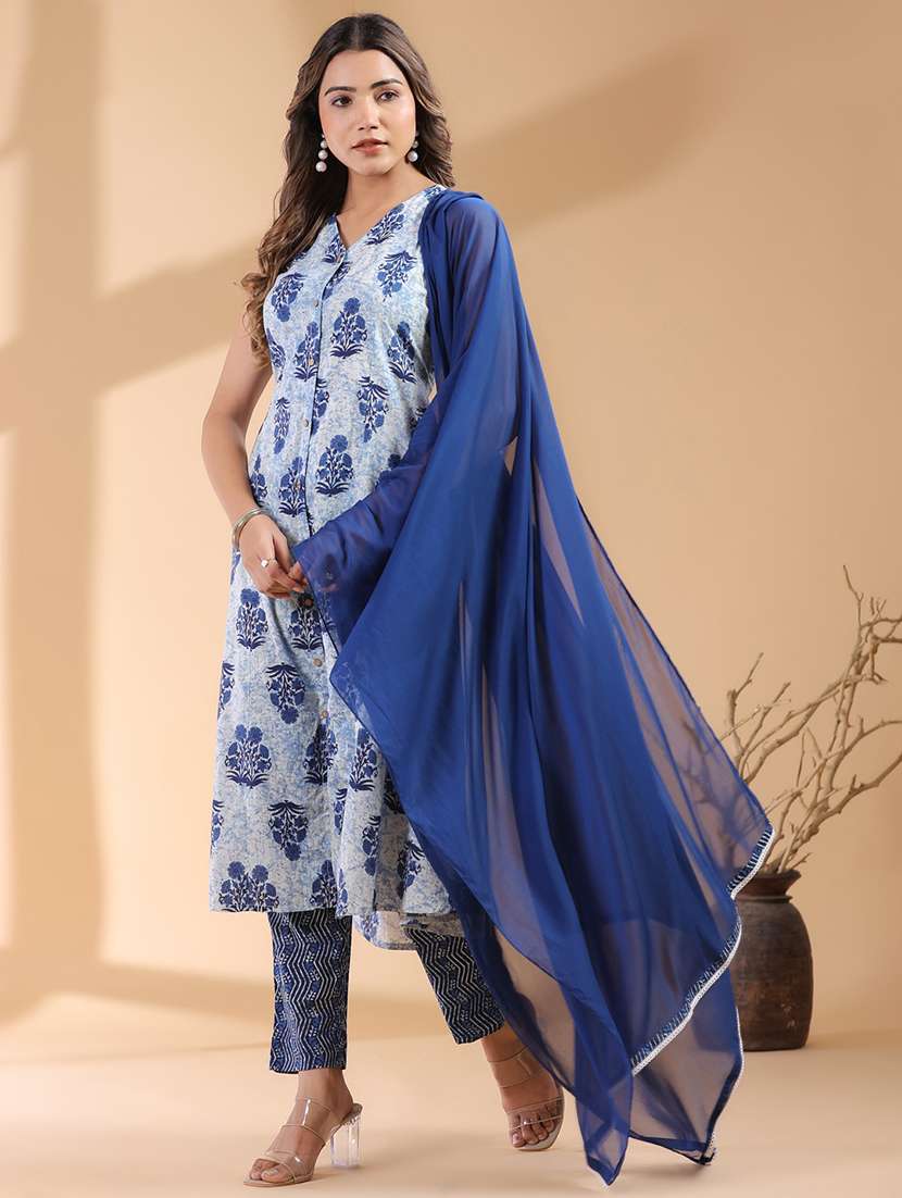 women blue sleeveless kurta pant with dupatta set - 21906158 -  Standard Image - 1