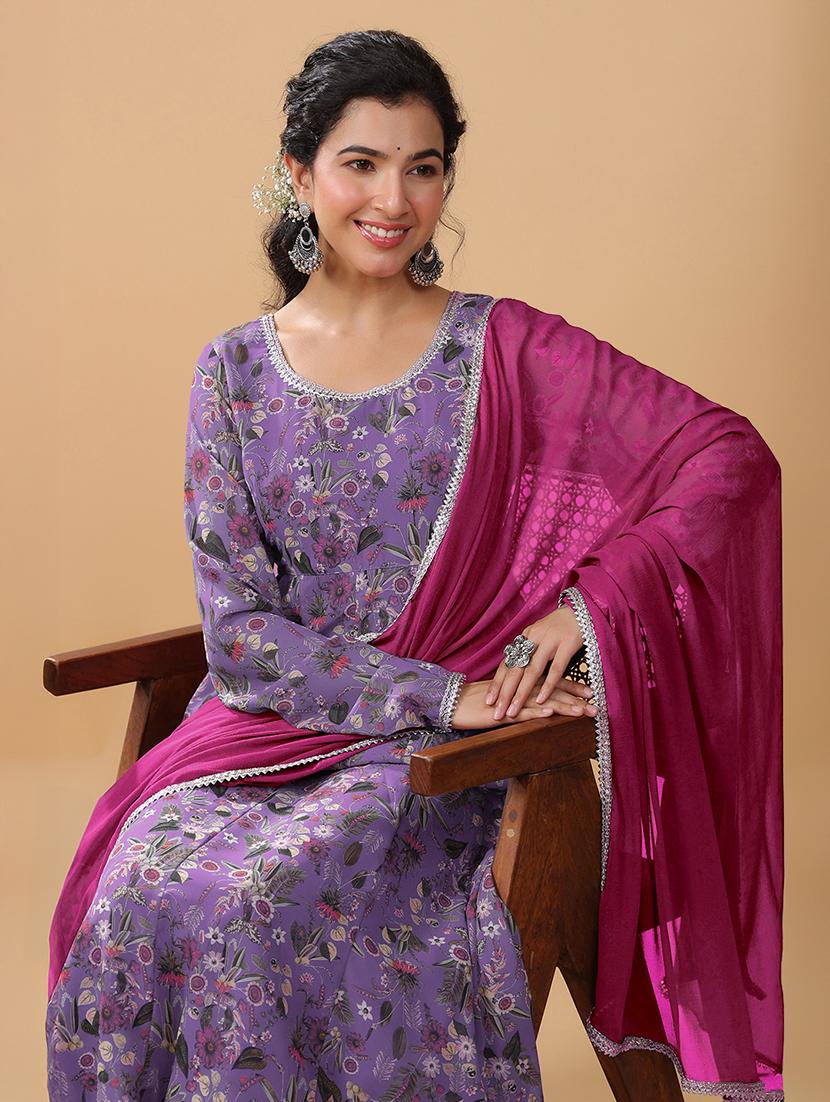 women lavender floral printed kurta palazzo set - 21906171 - Standard Image - 4