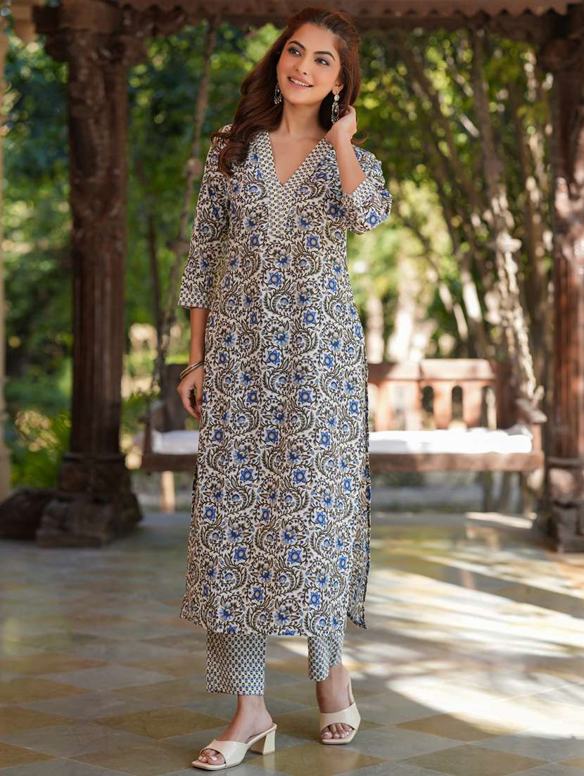 women cream floral printed kurta pant set - 21906173 -  Standard Image - 1