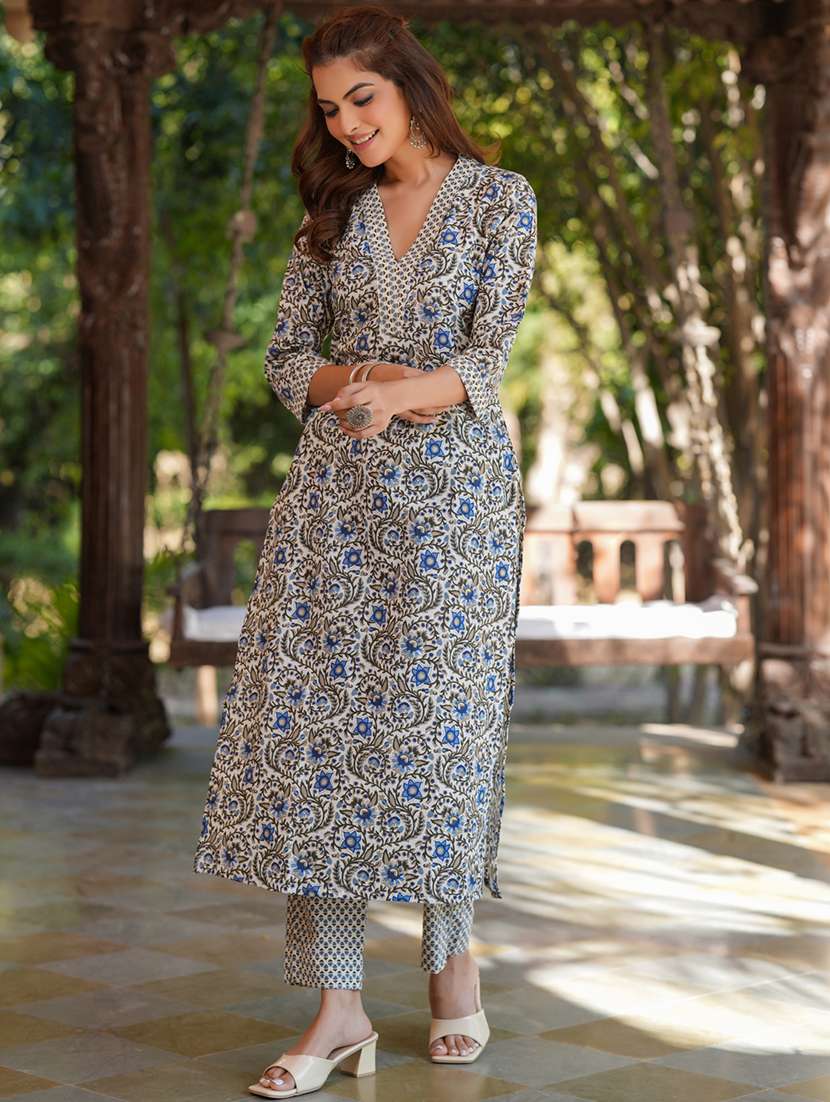 women cream floral printed kurta pant set - 21906173 - Standard Image - 4