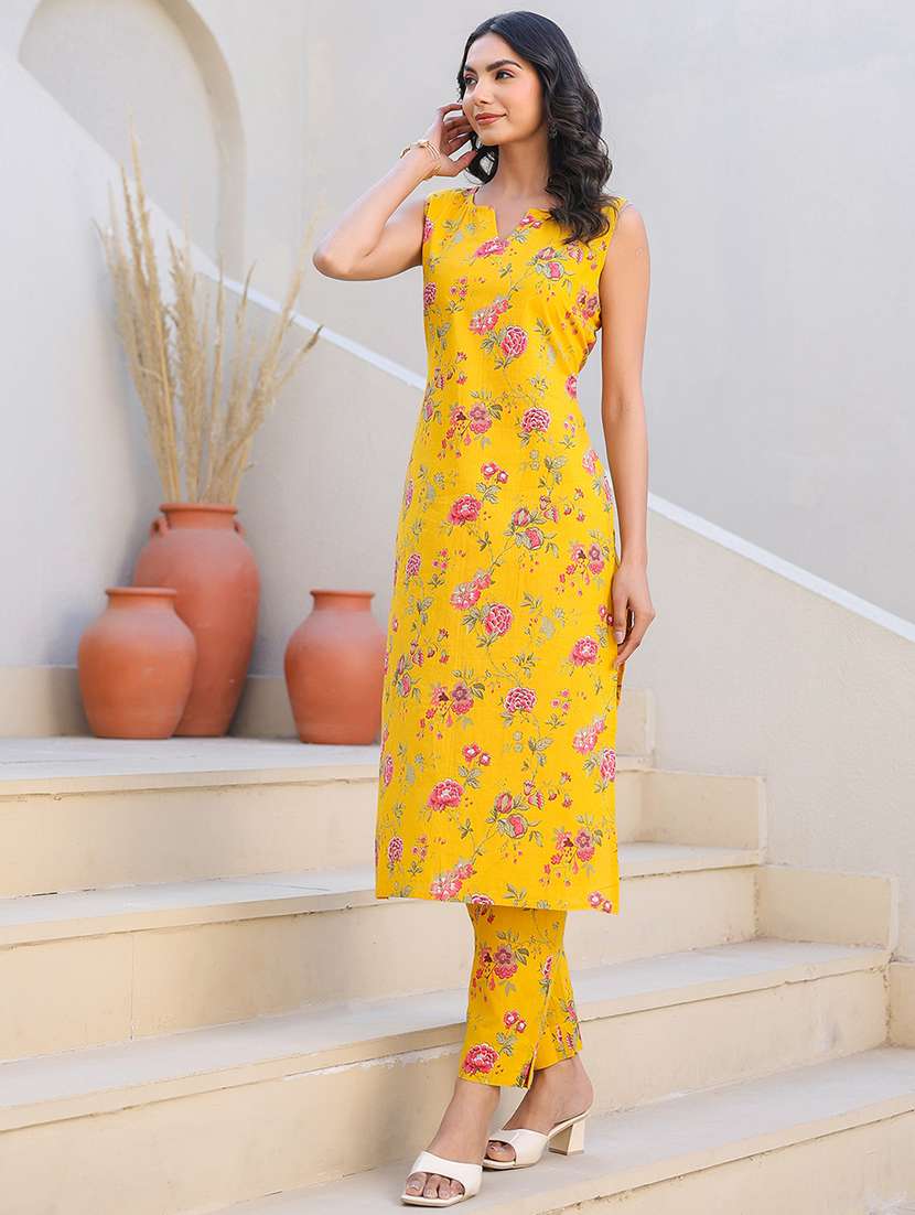 women yellow floral printed kurta pant set - 21906176 - Standard Image - 1