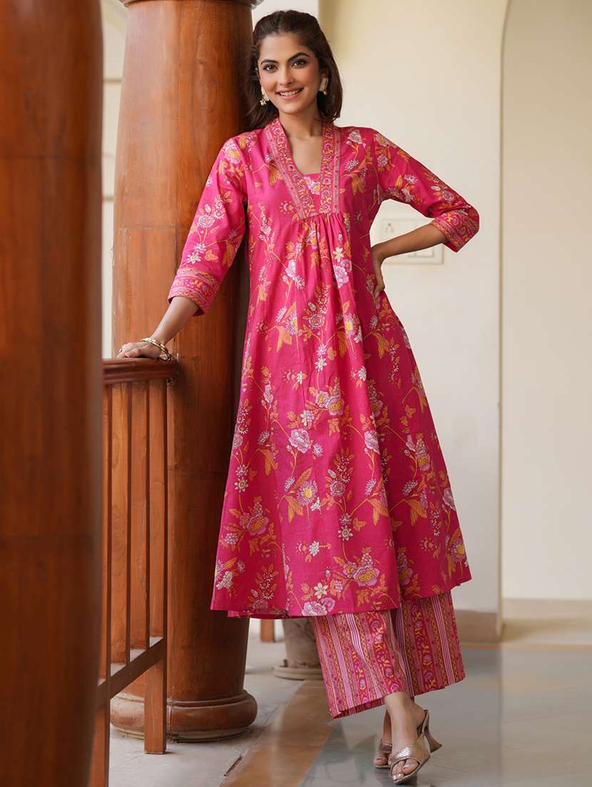 women pink three quarter sleeve kurta pant set - 21906178 -  Standard Image - 4