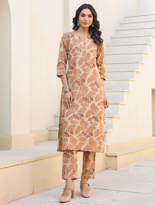 women beige three quarter sleeve kurta pant set - 21906179 -  Standard Image - 0