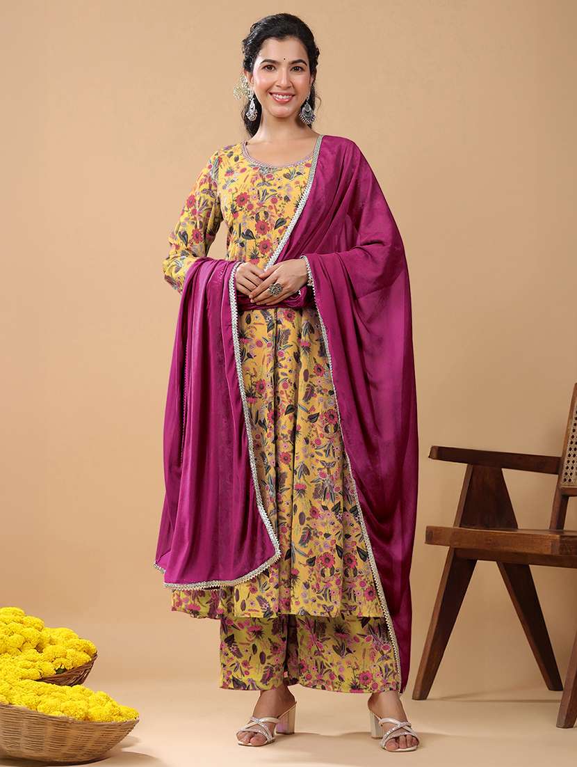 woomen mustard floral printed kurta palazzo set set