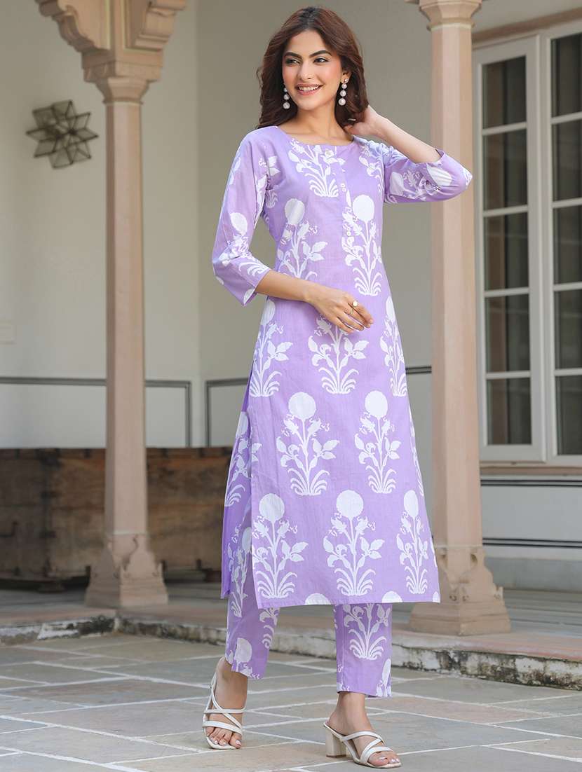 women lavender three quarter sleeve kurta pant set - 21906188 -  Standard Image - 1