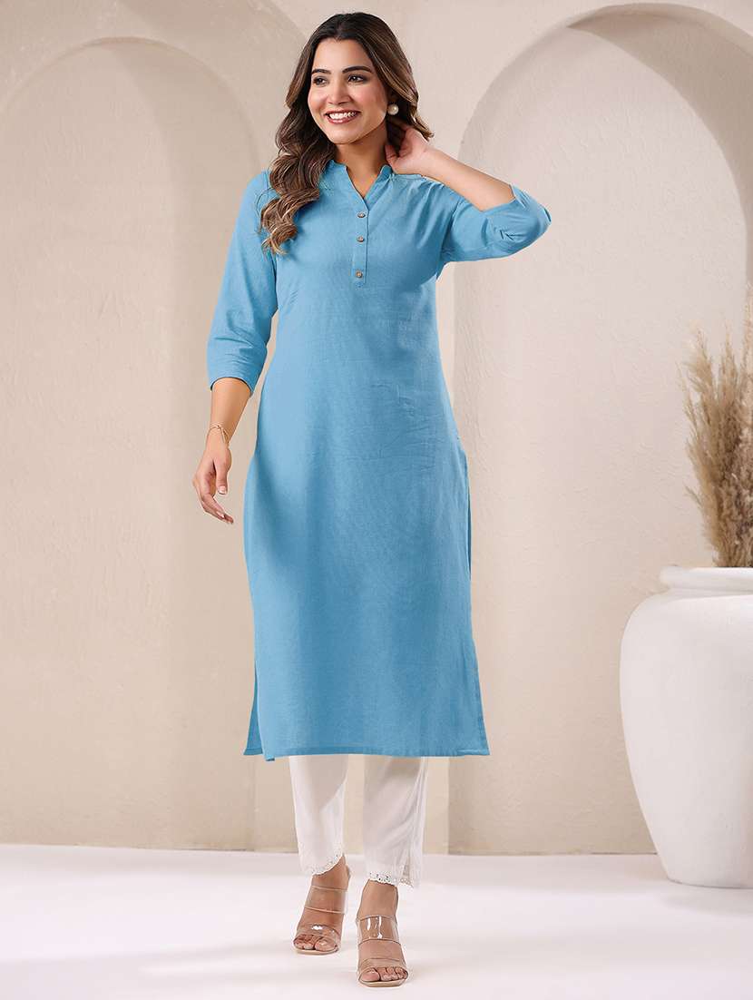women solid three quarter sleeve straight kurta
