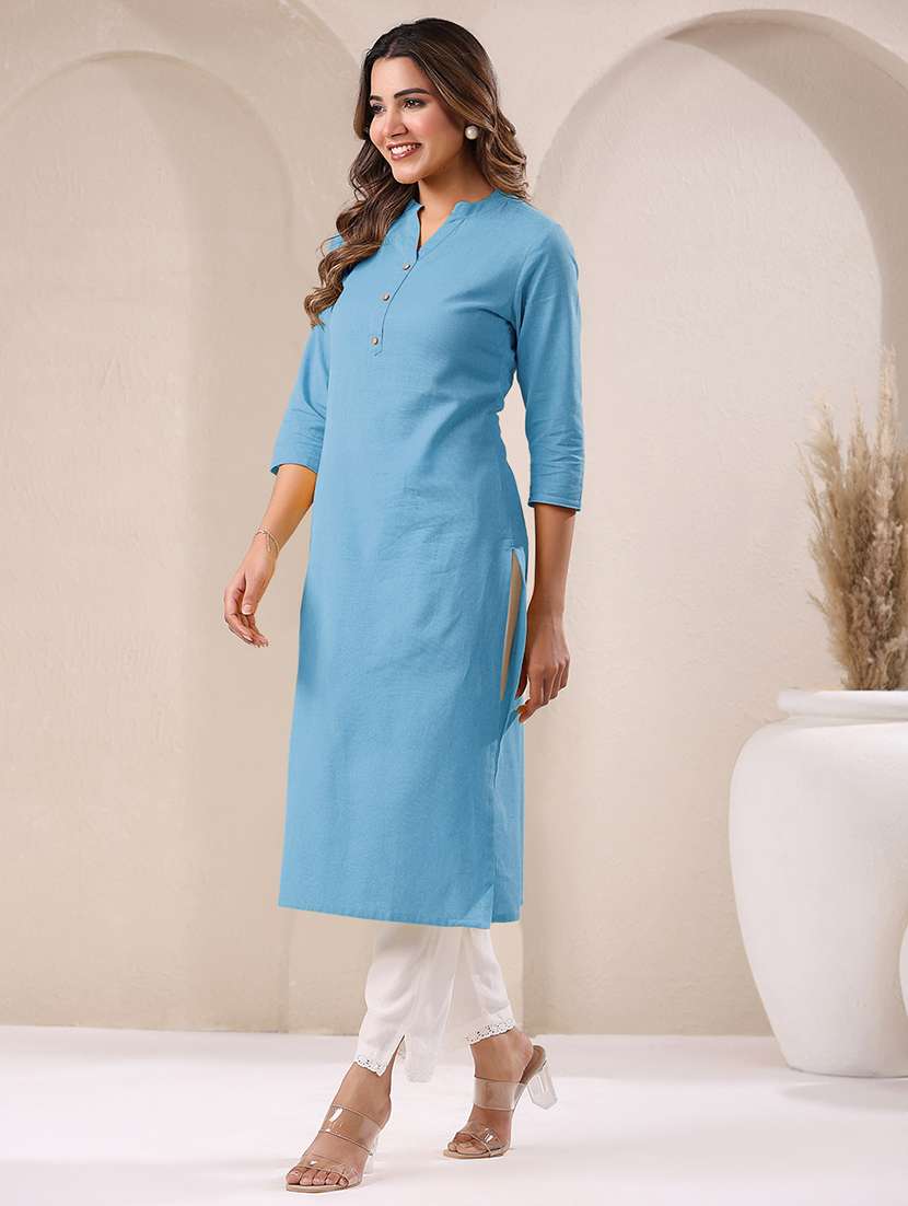 women solid three quarter sleeve straight kurta - 21906202 -  Standard Image - 1