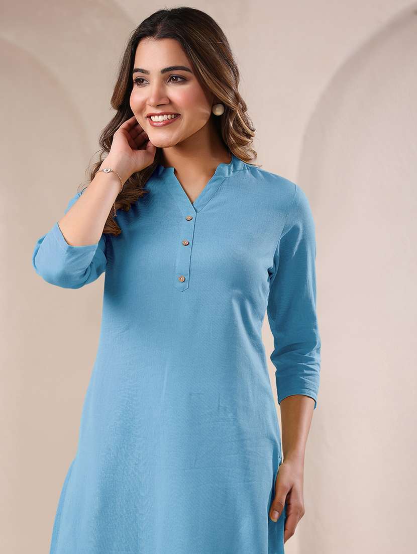 women solid three quarter sleeve straight kurta - 21906202 -  Standard Image - 4