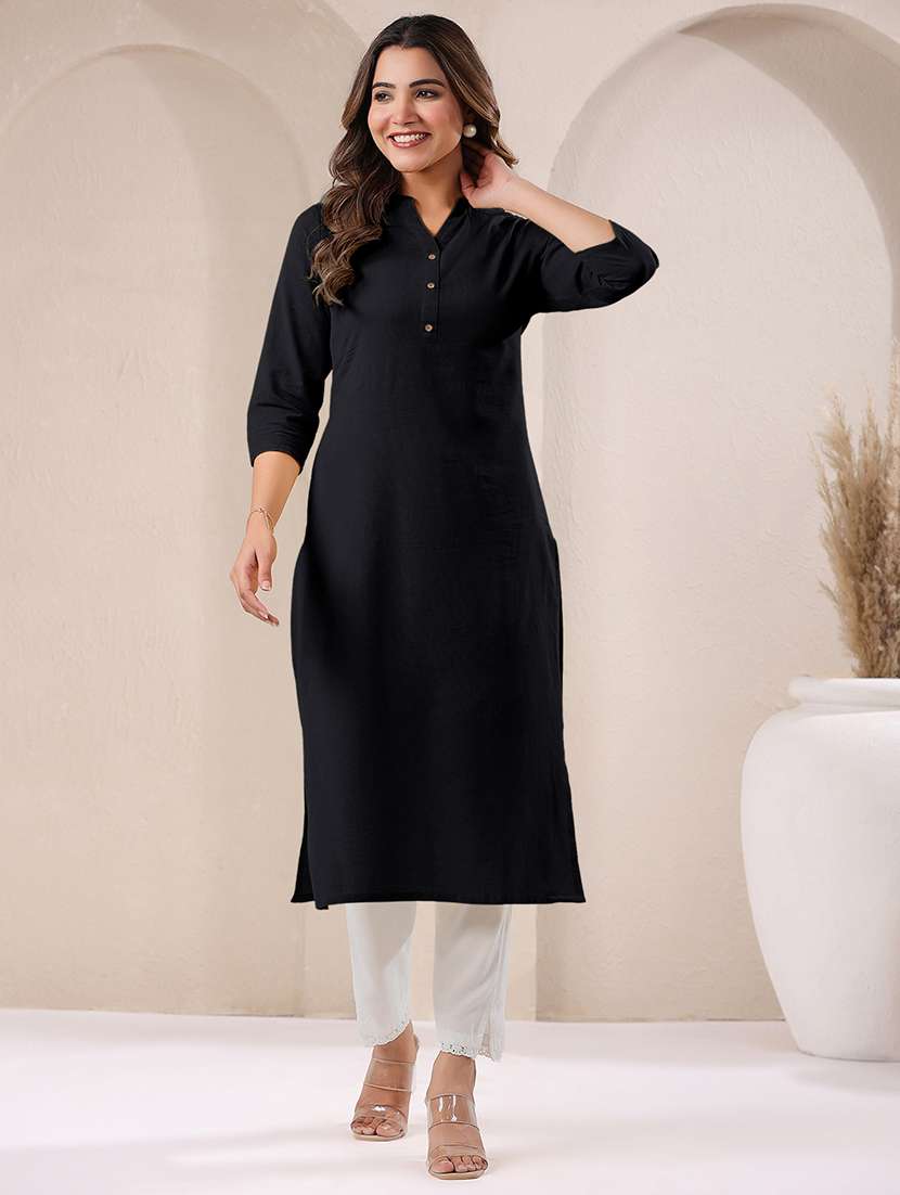 women solid three quarter sleeve straight kurta