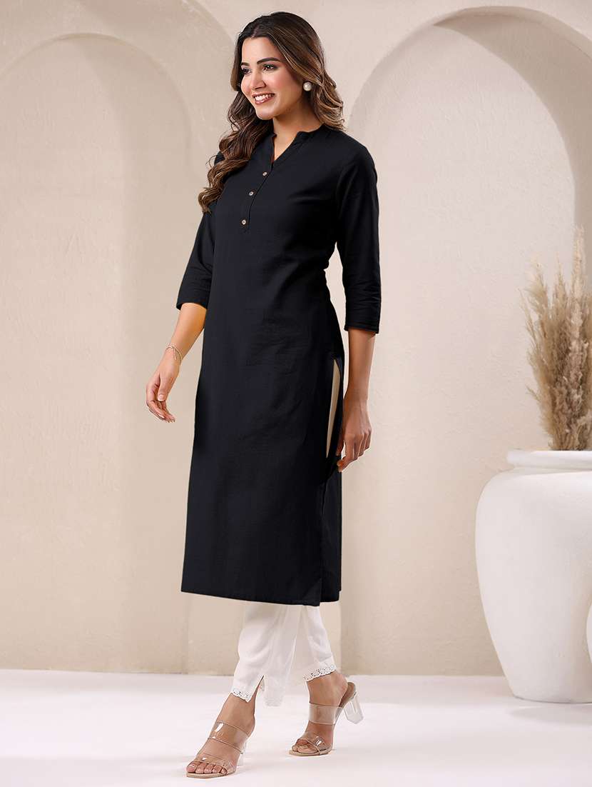 women solid three quarter sleeve straight kurta - 21906204 - Standard Image - 1