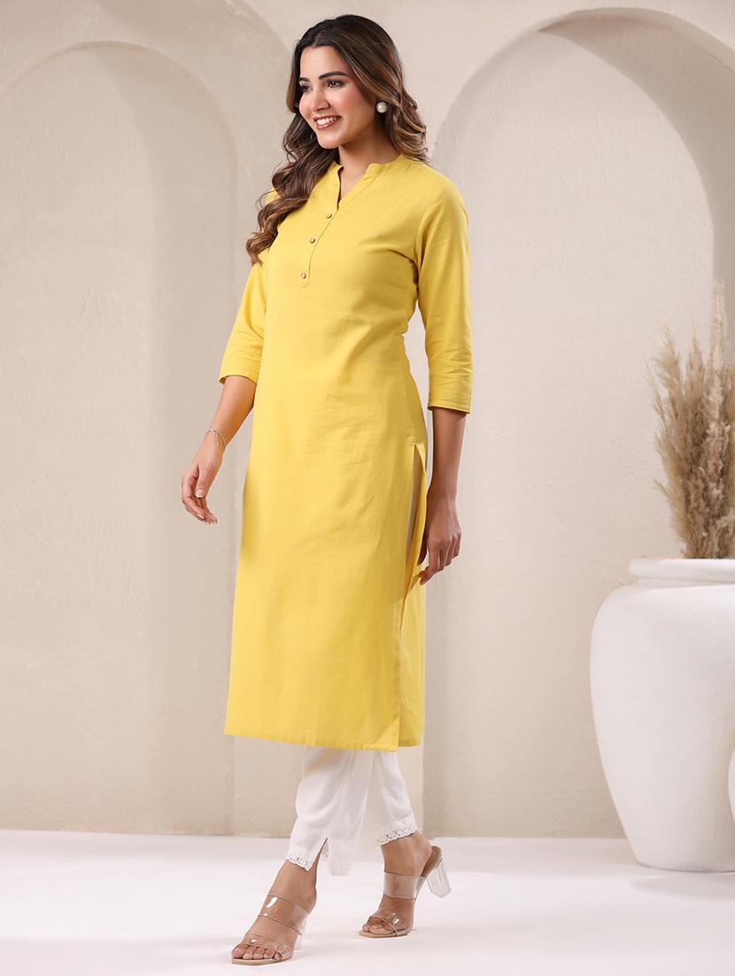 women solid three quarter sleeve straight kurta - 21906205 - Standard Image - 1