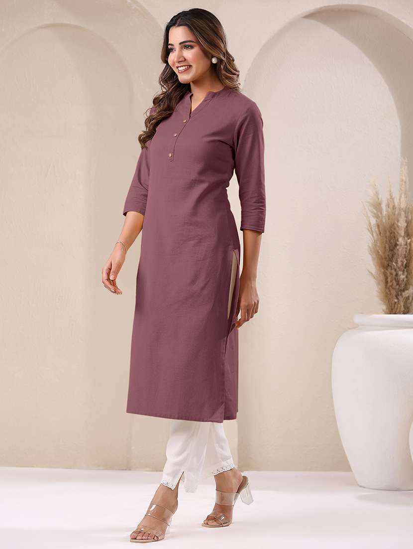 women solid three quarter sleeve straight kurta - 21906206 -  Standard Image - 1