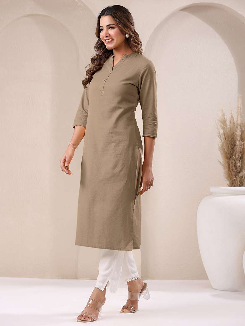 women solid three quarter sleeve straight kurta - 21906208 -  Standard Image - 1