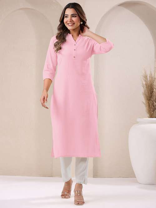 women solid three quarter sleeve straight kurta - 21906209 -  Standard Image - 0
