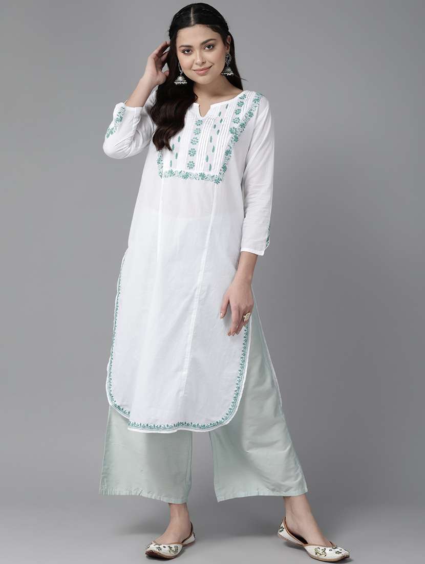 women three quarter sleeve chikankari straight kurta - 21906290 -  Standard Image - 1