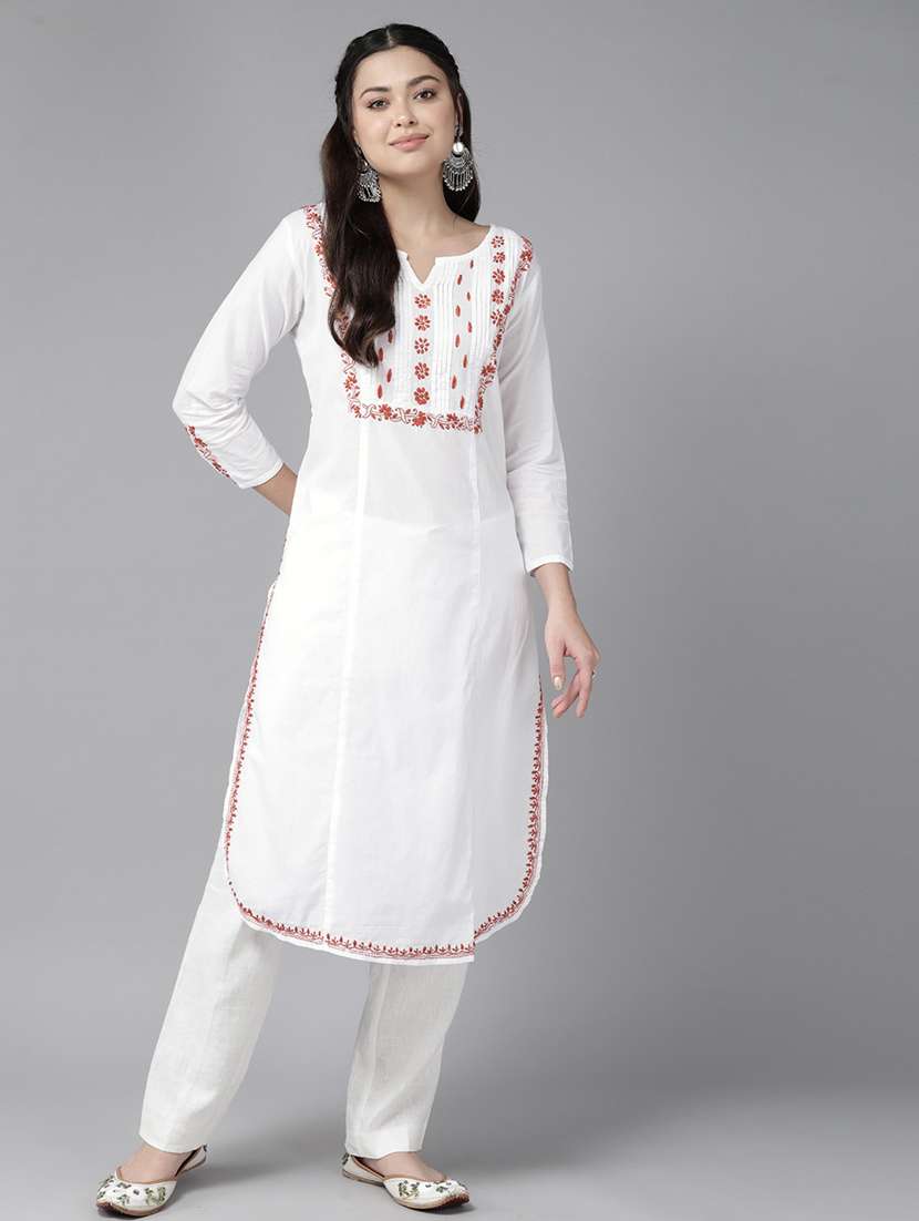 women three quarter sleeve chikankari straight kurta - 21906291 -  Standard Image - 1