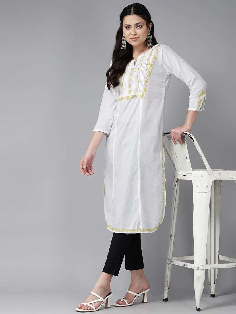 women three quarter sleeve chikankari straight kurta