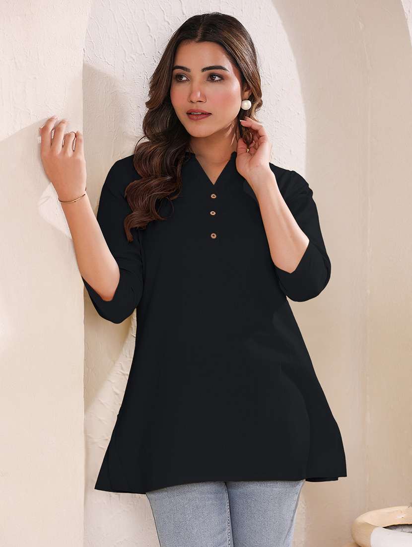 women solid three quarter sleeve a line kurti - 21906301 -  Standard Image - 1