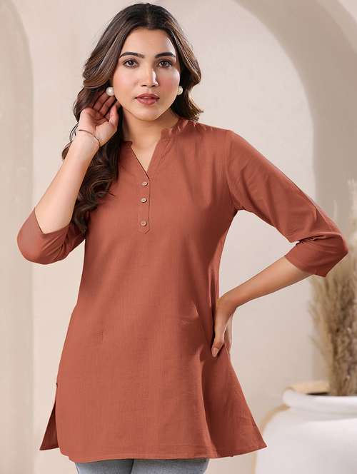 women solid three quarter sleeve a line kurti - 21906302 - Standard Image - 0