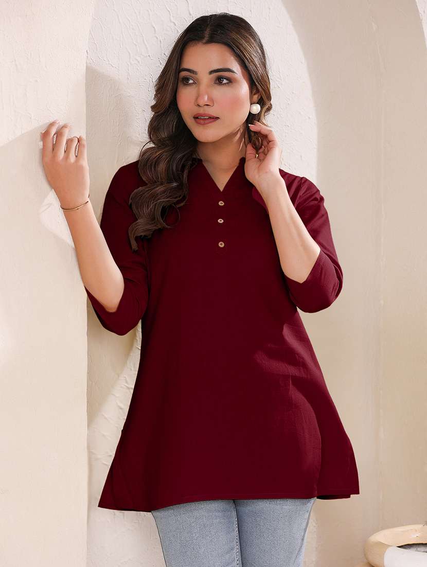 women solid three quarter sleeve a line kurti - 21906303 -  Standard Image - 1