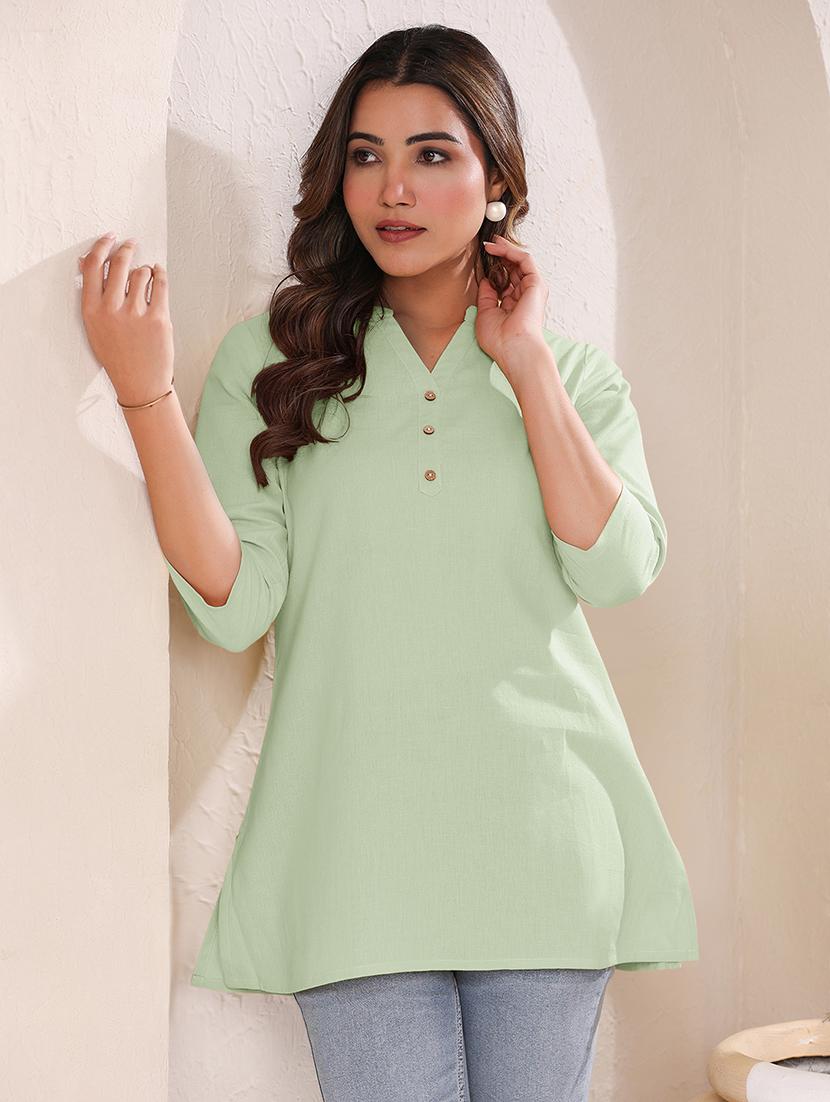 women solid three quarter sleeve a line kurti - 21906304 -  Standard Image - 1