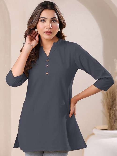 women solid three quarter sleeve a line kurti - 21906305 - Standard Image - 0