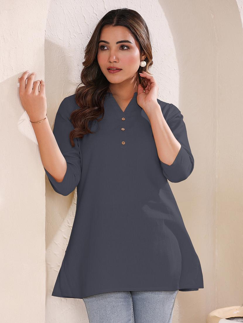 women solid three quarter sleeve a line kurti - 21906305 -  Standard Image - 1