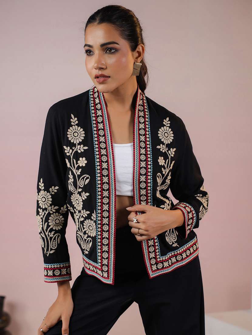 women embroidered three quarter sleeve shrug - 21906311 - Standard Image - 1