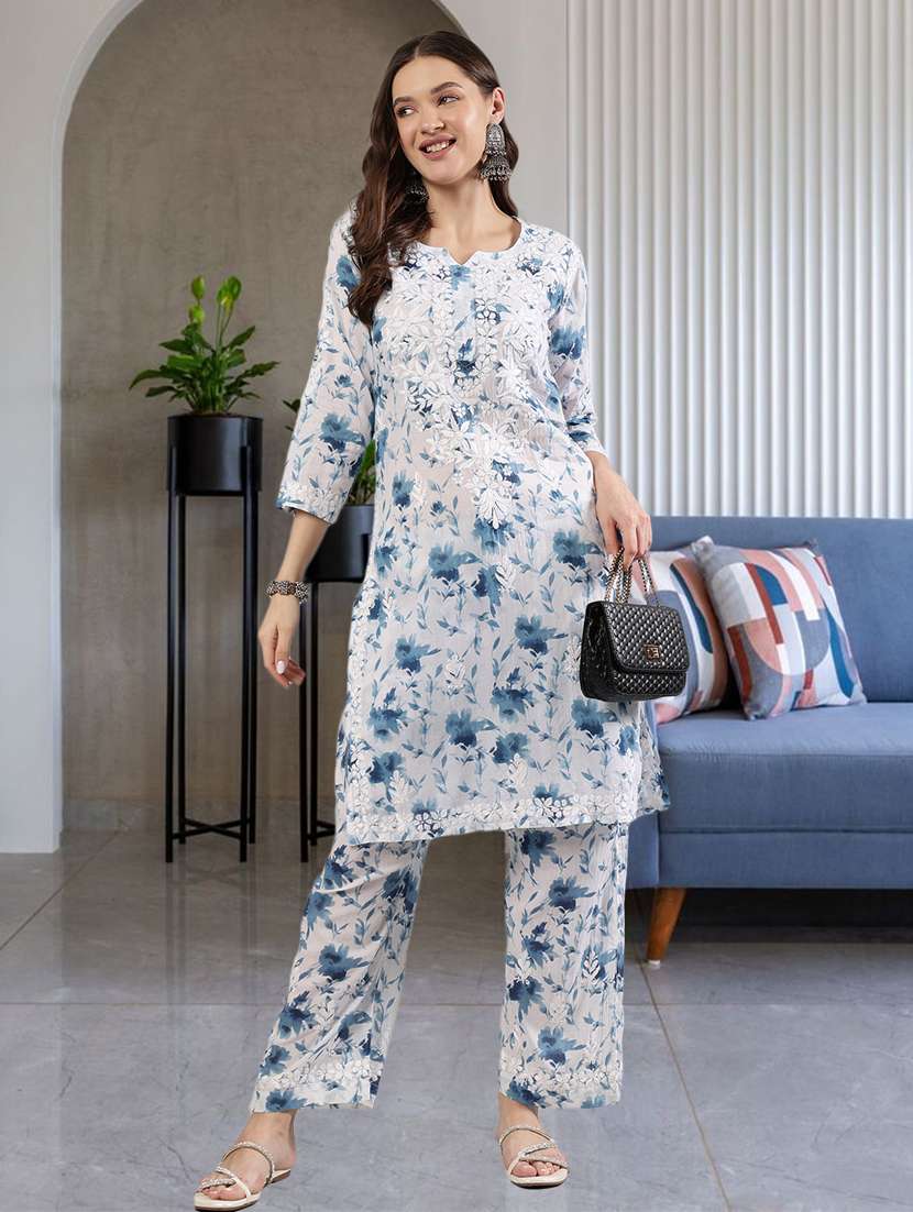 women three quarter sleeve chikankari kurta pant set