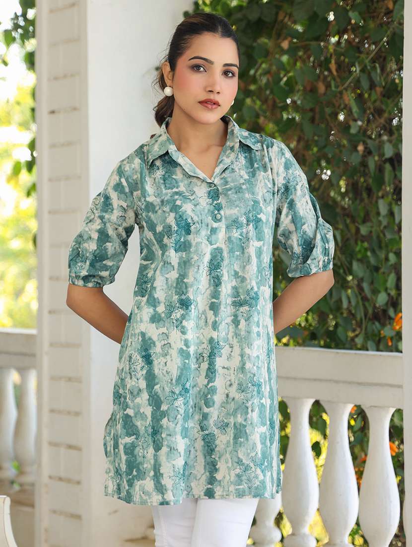 women green tie & dye puff sleeve tunic 