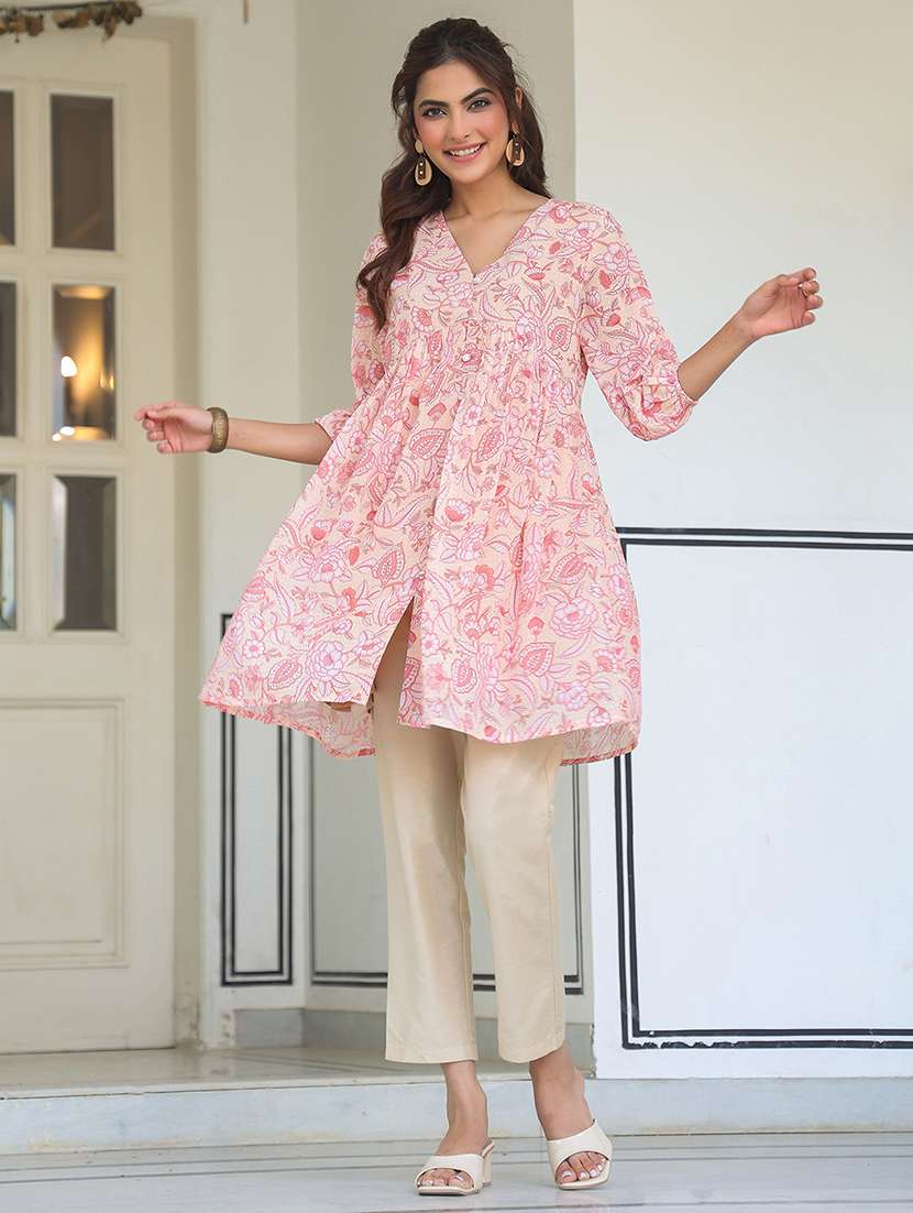 women peach floral printed flared tunic - 21906349 -  Standard Image - 1