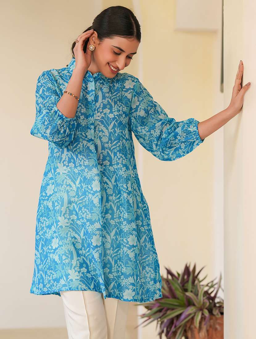 women blue floral printed a-line tunic - 21906354 -  Standard Image - 4