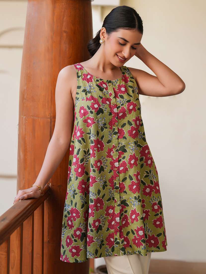 women olive floral printed a-line tunic - 21906356 -  Standard Image - 4