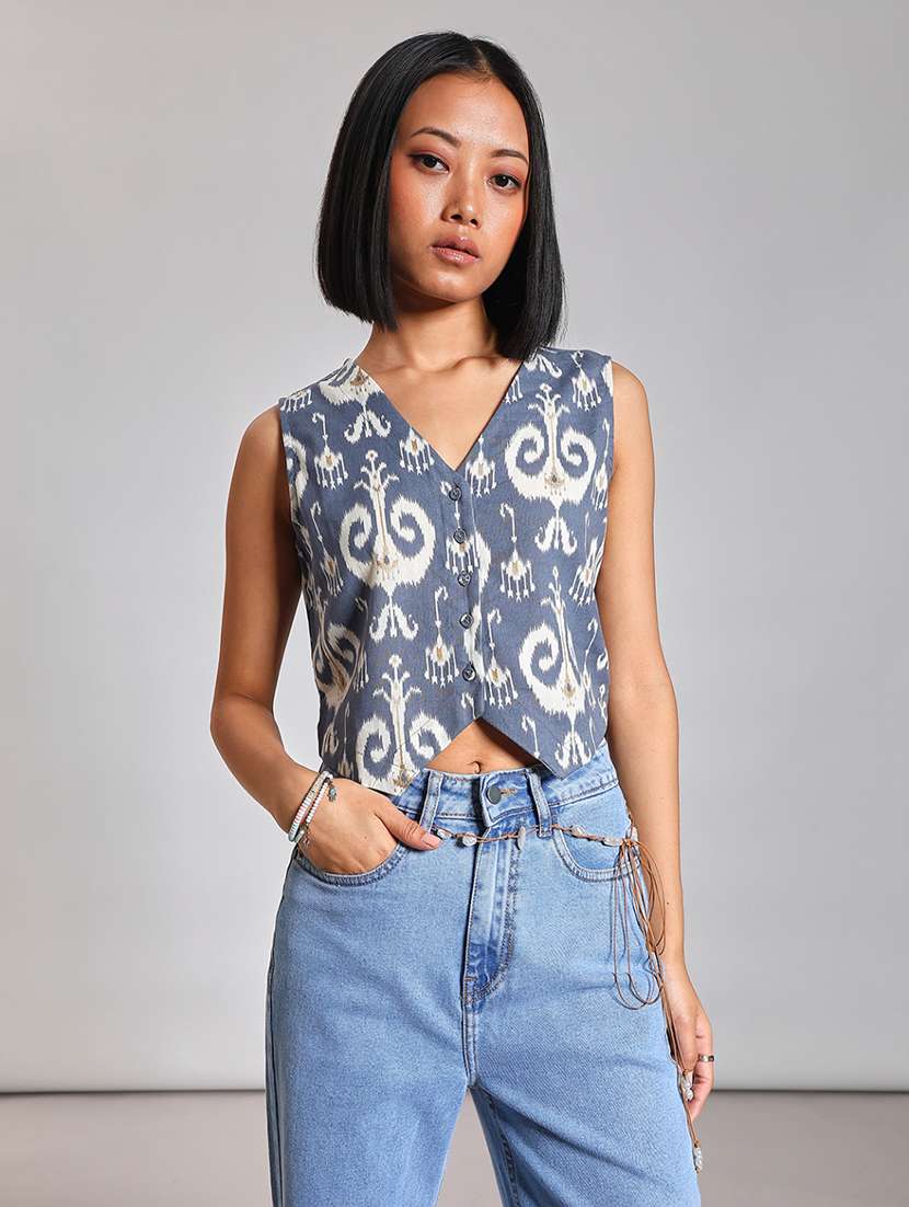 women ikat printed sleeveless waist top - 21906644 -  Standard Image - 1