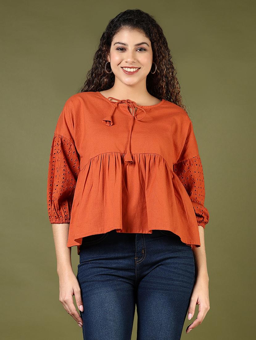 women solid puff sleeve tie-up neck flared top - 21906646 -  Standard Image - 1