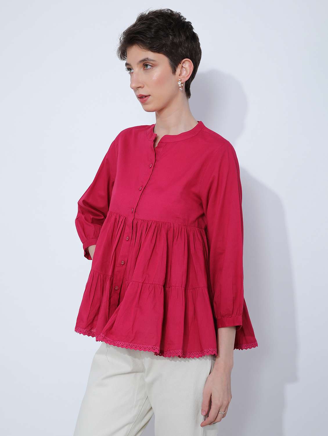 women solid three quarter sleeve tiered top - 21906652 -  Standard Image - 1